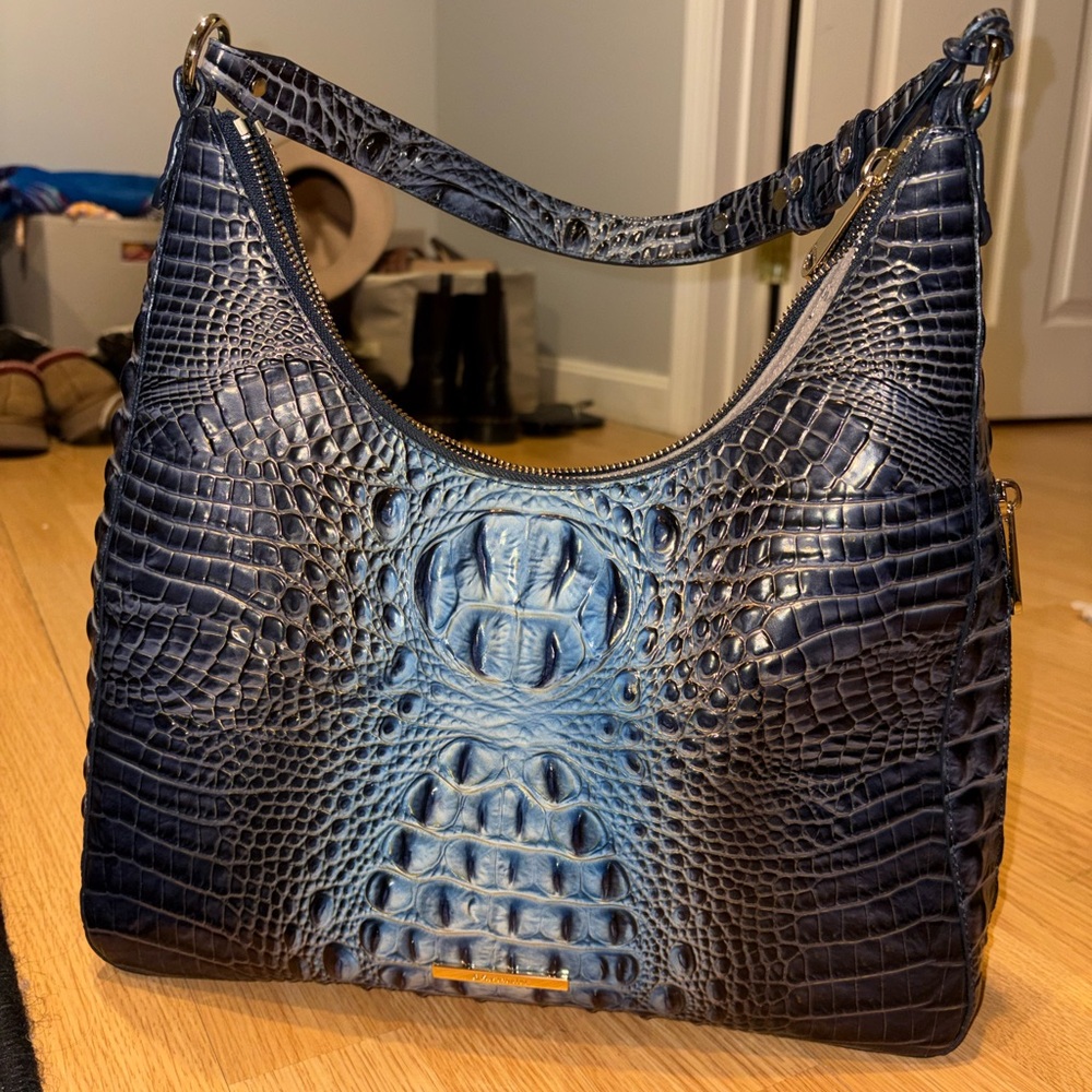 Brahmin Navy Crocodile-Embossed Hobo Bag
